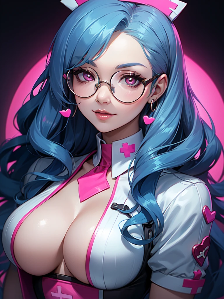 (((Portrait Photo))), She has the Appearance of a Caring and Professional Young Nurse, with a Voluptuous Figure that Radiates Kindness and Competence. Her Long, Wavy Blue Hair is Elegantly Styled, Falling Gracefully Over Her Shoulders and Framing Her Gentle Face. Her Large, Red Eyes, Enhanced by Glasses, Reflect a Deep Compassion and Warmth, Inviting Trust and Comfort. Her Expression is Soft and Understanding, with a Hint of a Smile that Conveys Reassurance and Dedication. (((Portrait Photo))), (((Dark Background))), (((Sexy Pink Nurse's Uniform Accentuates Her Curves))), (((Heart-shaped Pupils))), (((Long Wavy Blue Hair))), (((Circular Glasses)))