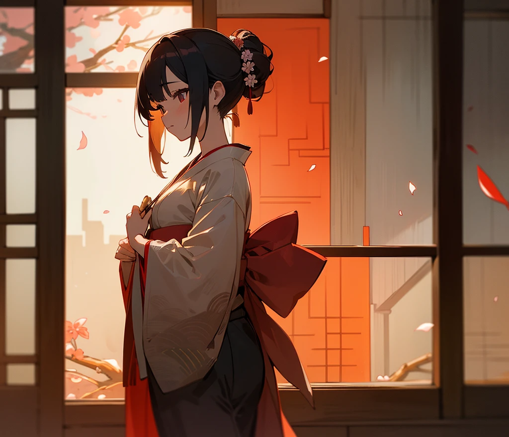 8K resolution, high image quality, high quality, real, a calm scene of a beautiful and sexy woman (luxury prostitute) in the Edo period staring out of the window in a traditional Japanese red light street building. The wooden building has a sliding paper door (shoji) and a lattice window. Oilan wears an exquisite kimono with a complex design, and her hair is styled with a traditional Japanese paper up with a gorgeous hairpin. She stands by the window and looks outside with a thoughtful expression. Outside, cherry trees line the street, their petals fall gently, and traditional lanterns illuminate the street with a soft and warm glow. The atmosphere is peaceful, but there is a sense of admit.