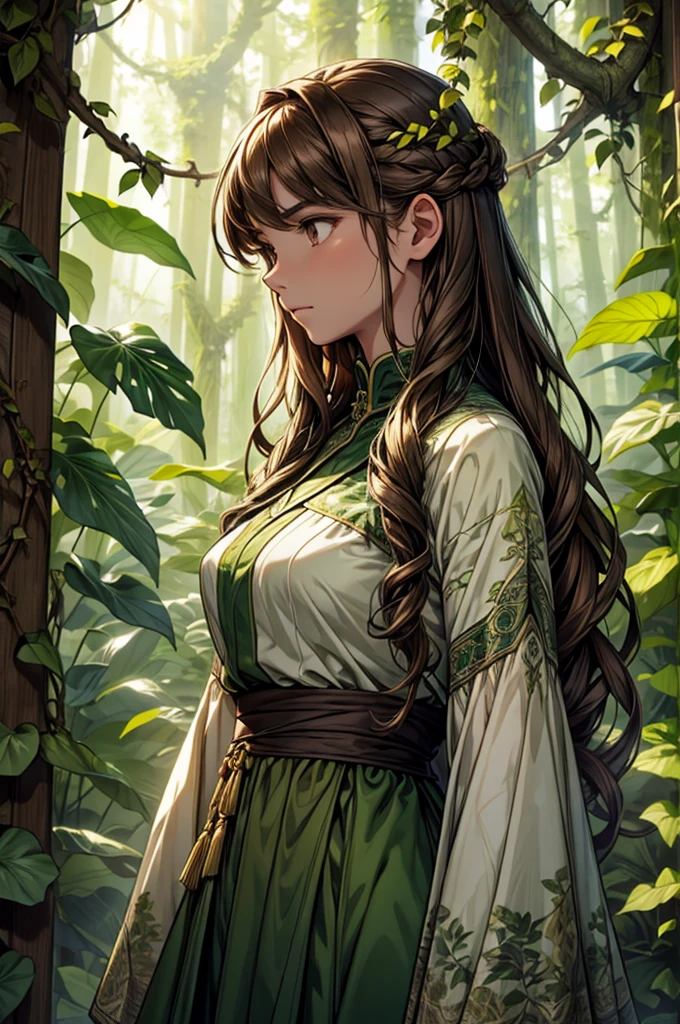 Guardian of the Forest, Tall and sturdy, with greenish skin and long brown hair. Bright brown eyes and an air of seriousness. Dress in clothes made of leaves and vines