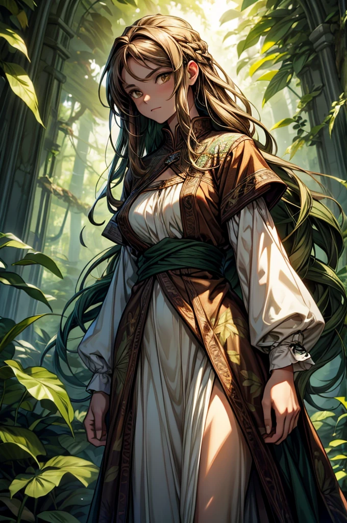 Guardian of the Forest, Tall and sturdy, with greenish skin and long brown hair. Bright brown eyes and an air of seriousness. Dress in clothes made of leaves and vines