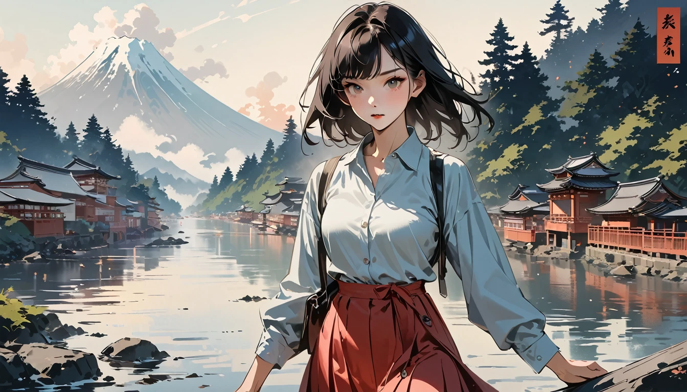 masterpiece, Great quality, Highest quality, High resolution, 4K, 8k, 超High resolution,
Ukiyo-e art style, By Lela, by Yoneyama Mai, Toyonobu Ishikawa One Girl, A-Line Skirt, Button-down shirt, and pump., stylish, Sightseeing in Japan,