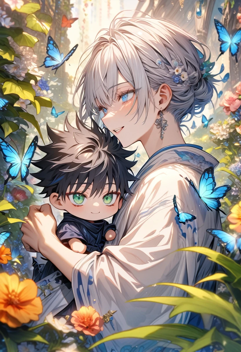 Ultra detailed, HDR, Highres, absurdres, master piece, Gojou Satoru as a chibi, white hair with bangs, expressive blue eyes, white eyelashes, Fushiguro Megumi as a chibi, black hair, expressive green eyes, white haori, light blue kimono, Jujutsu Kaisen, flowers, butterflies, fantasy, magical, green leaves, summer, two boys together, gay couple, yaoi, cute, smiling
