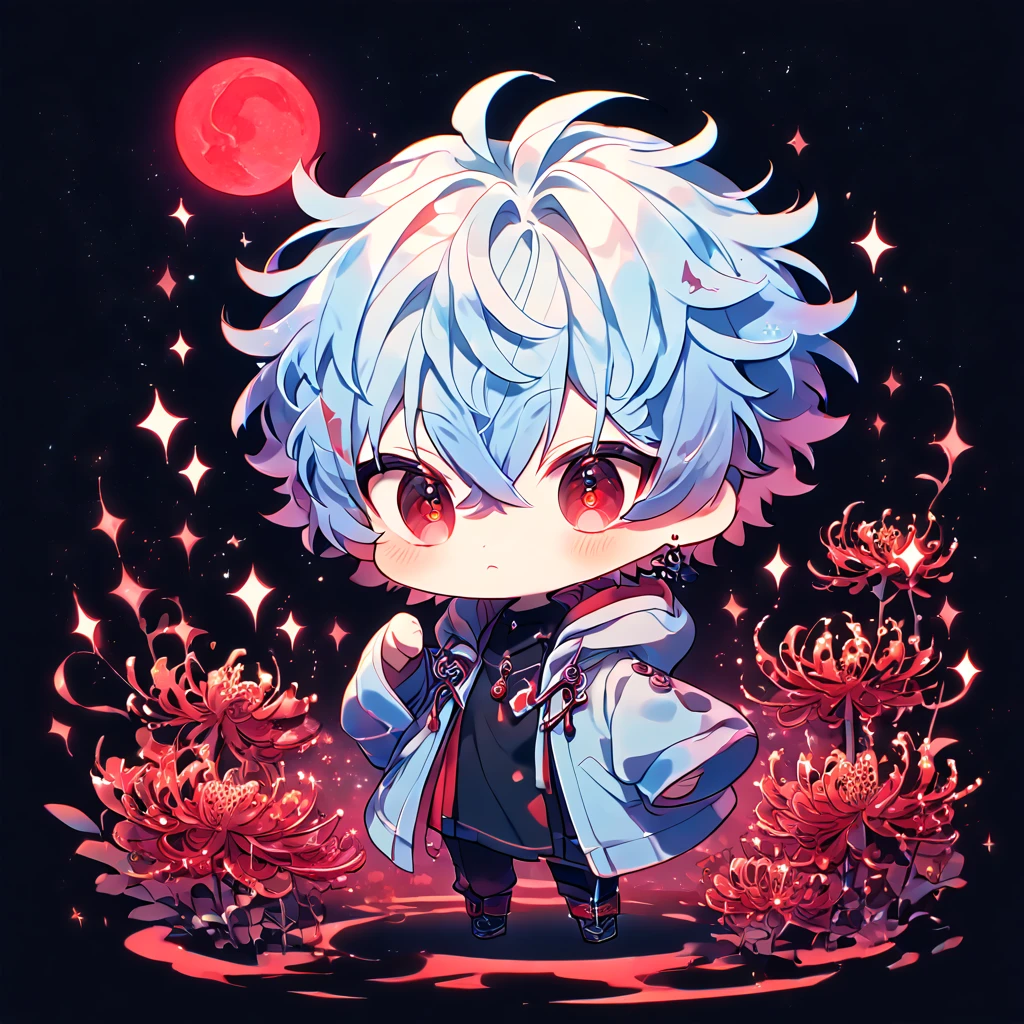 absurdres, highres, ultra detailed, HDR, master piece, best quality, extremely detailed, Kuro chibi, light-blue hair, messy hair, expressive red eyes, Servamp, solo, cute, light blue hooded coat, black shirt, fantasy, red blood water, sparkling, red glittering fireflies, red moon, red blossoms, red spider lilies, red sparkling lights, starry sky, magical