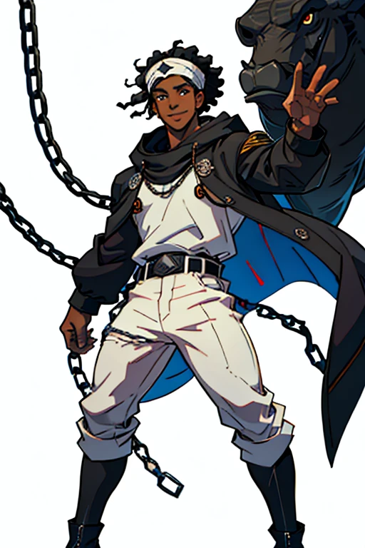 afro young man full body image, with 1,90 m tall and the power to control chains an athletic body. He has black curly hair with a turban band around his hair and two strands of white curls on his face and shiny black eyes.. Your skin is black and your smile is captivating, always displaying confidence and charisma. by a characteristic black regatta shirt with a spiral symbol and a black coat on top with white details and hood and black jeans cropped at the knee, with chains, stylish black military boots full of belts and chains,