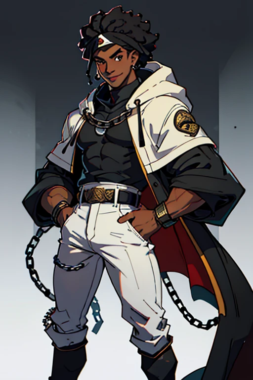 afro young man full body image, with 1,90 m tall and the power to control chains an athletic body. He has black curly hair with a turban band around his hair and two strands of white curls on his face and shiny black eyes.. Your skin is black and your smile is captivating, always displaying confidence and charisma. by a characteristic black regatta shirt with a spiral symbol and a black coat on top with white details and hood and black jeans cropped at the knee, with chains, stylish black military boots full of belts and chains,