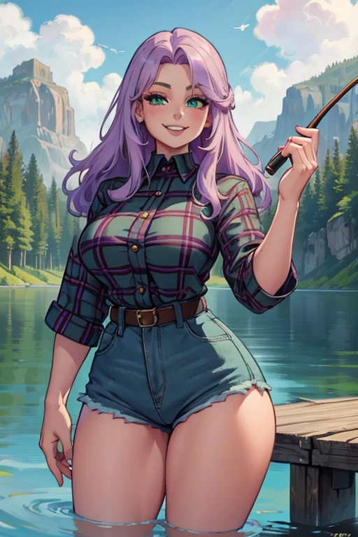  Perfect face. Perfect hands. A light purple haired woman with green eyes and an hourglass figure with long hair wearing a Gothic plaid shirt and daisy dukes is fishing on a lake shore with a big smile
