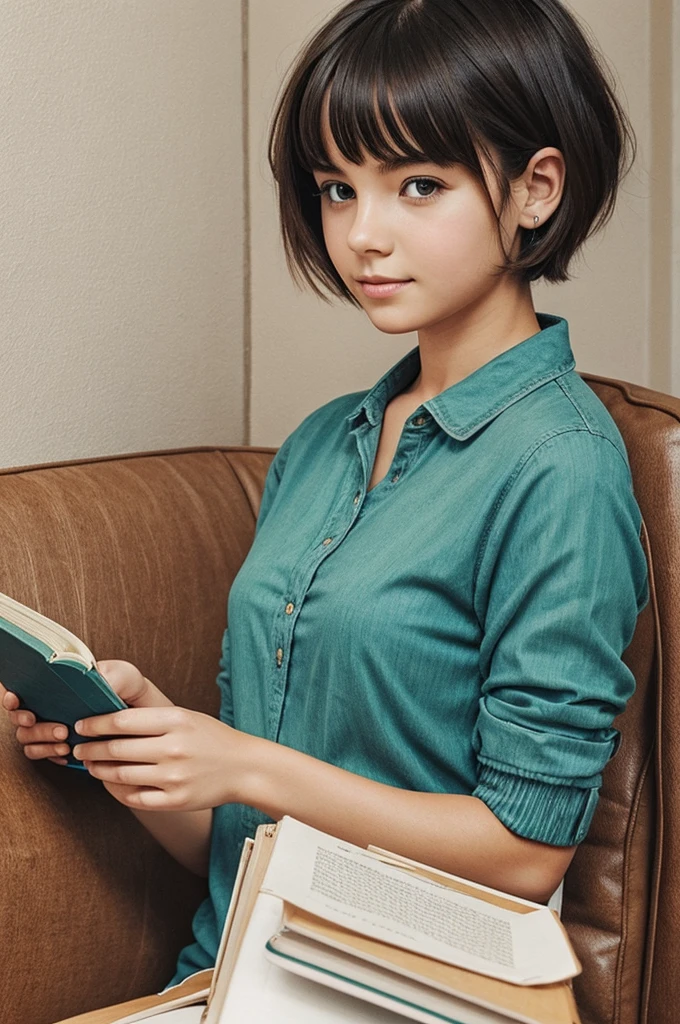 Drawing of a girl with short hair with an unopened book in her hand