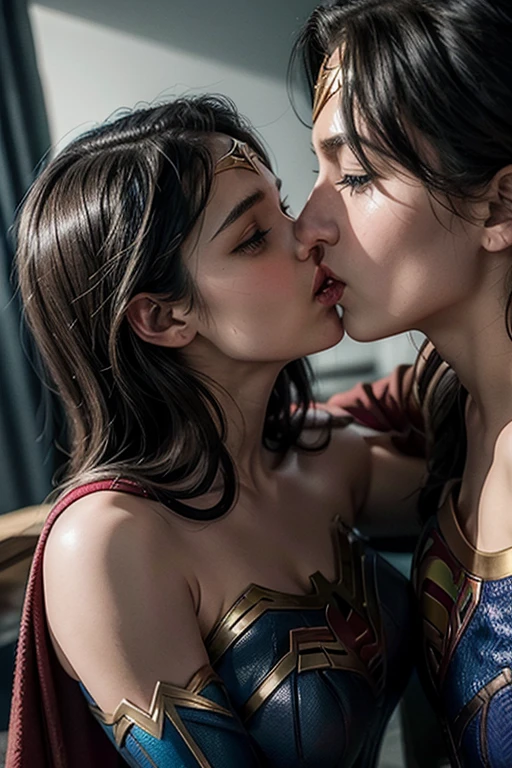 Wonder Woman intensely kissing Supergirl