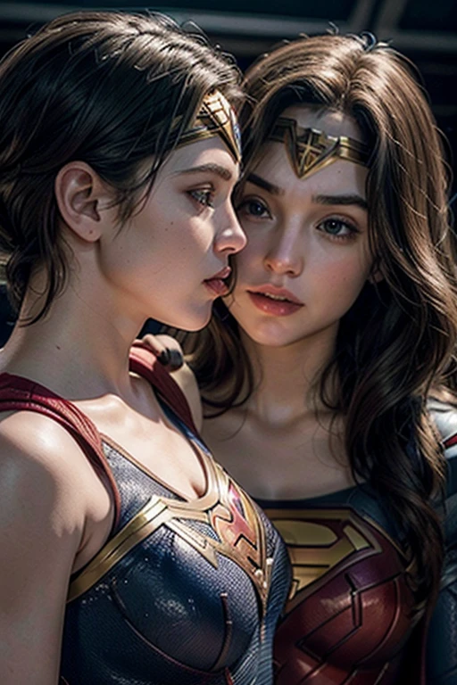 Wonder Woman intensely kissing Supergirl