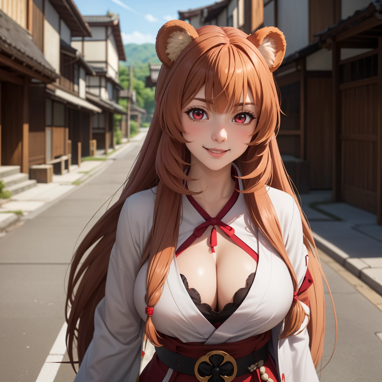 Raphtalia woman 35 years old straight orange hair , bear ears redondeadas, red eyes like ruby., flirtatious smile, Pale skin, big breasts, japanese priestess clothing, White and red, pink belt, , bear ears, , background an old japanese street.