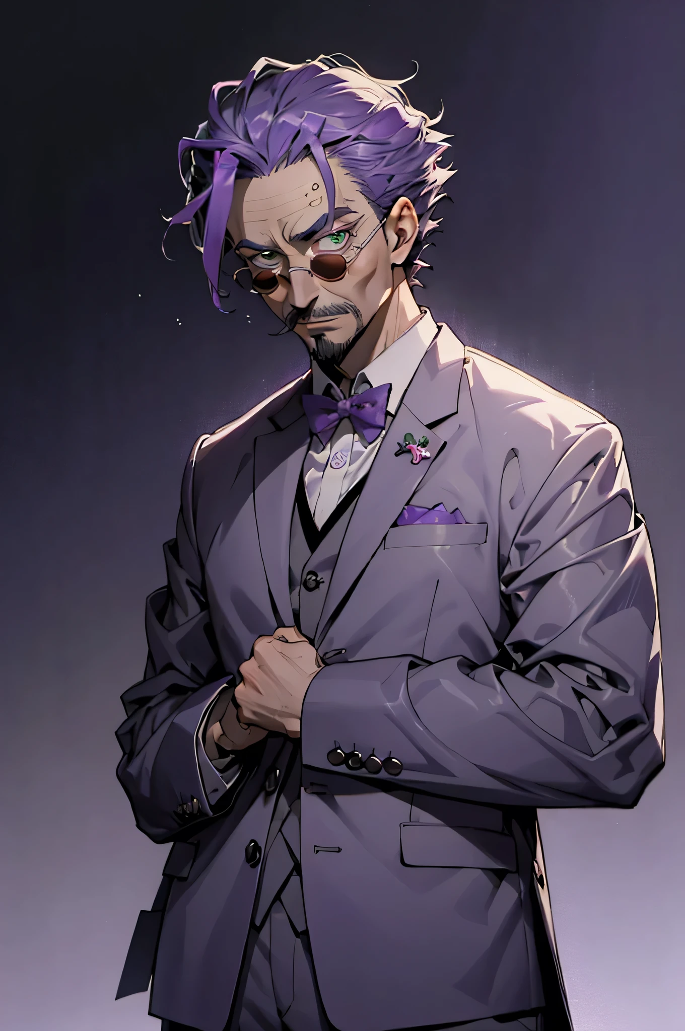 meitu, beetlejuice, anime, manga style, alex brightman starring as beetlejuice,1boy,  beard, black bow, black bowtie, bow, bowtie, facial hair, formal, green eyes, ((purple hair)), male focus, mustache, suit, tuxedo, wlop, guweiz, meitu,((adult)),50 years old,