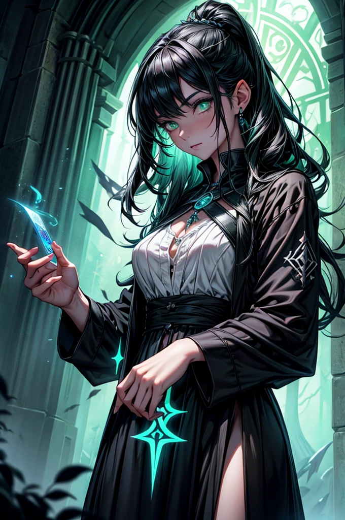 The last witch with mystical and ethereal appearance, with black hair and bright green eyes. dresses in dark clothing adorned with runes and magical symbols