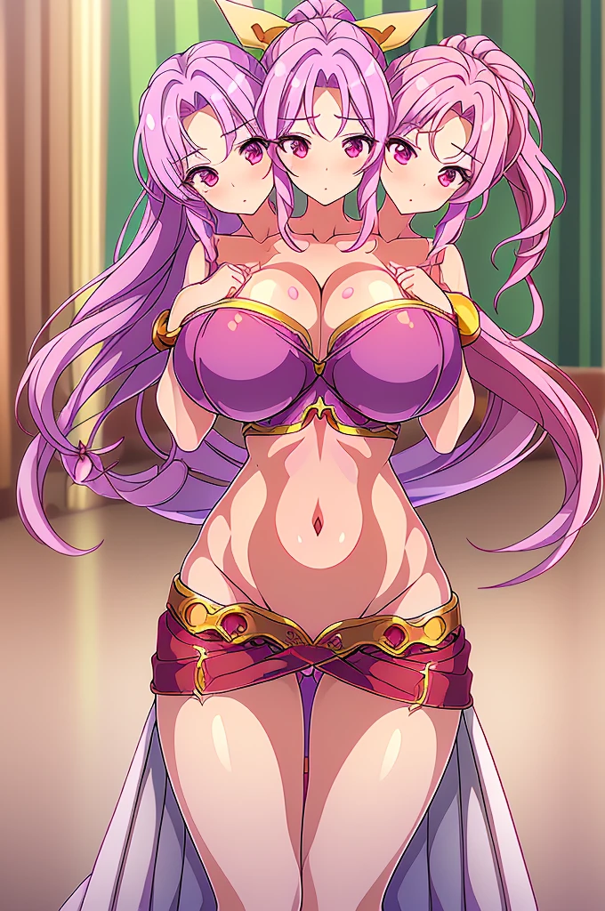 (masterpiece, best quality), best quality, (ultra-detailed), (3heads:1.5), 1girl, (watatsuki no yorihime:1.3), masterpiece, best quality, ultra quality, ultra resolution, ultra detail, dark red top, small crop top, ((stomach)), midriff, ((groin)), open midriff, dark red skirt, miniskirt, normal ears, shackles, light purple hair, tied into a ponytail, very long hair, wavy hair, sidelocks, purple eyes, parted lips, sweat, cute, open belly, toned belly, hand on own chest, eyelashes, (24 year old woman:1.3), (masterpiece:1.5), (best quality:1.5), (beautiful detailed), extremely detailed CG, extremely delicate and beautiful, depth of field, (finely detailed face), (perfect details:1.2), (mature female:1.3), wide pelvis, slender, large veiny breast, 16k resolution, highres, very high quality, very high definition, extremely detailed, masterpiece, light purple hair, long hair, alluring presence, braid, short skirt, close up, very big tits, huge tits, young, white bonnet, red bow, open belly, midriff, nsfw,

