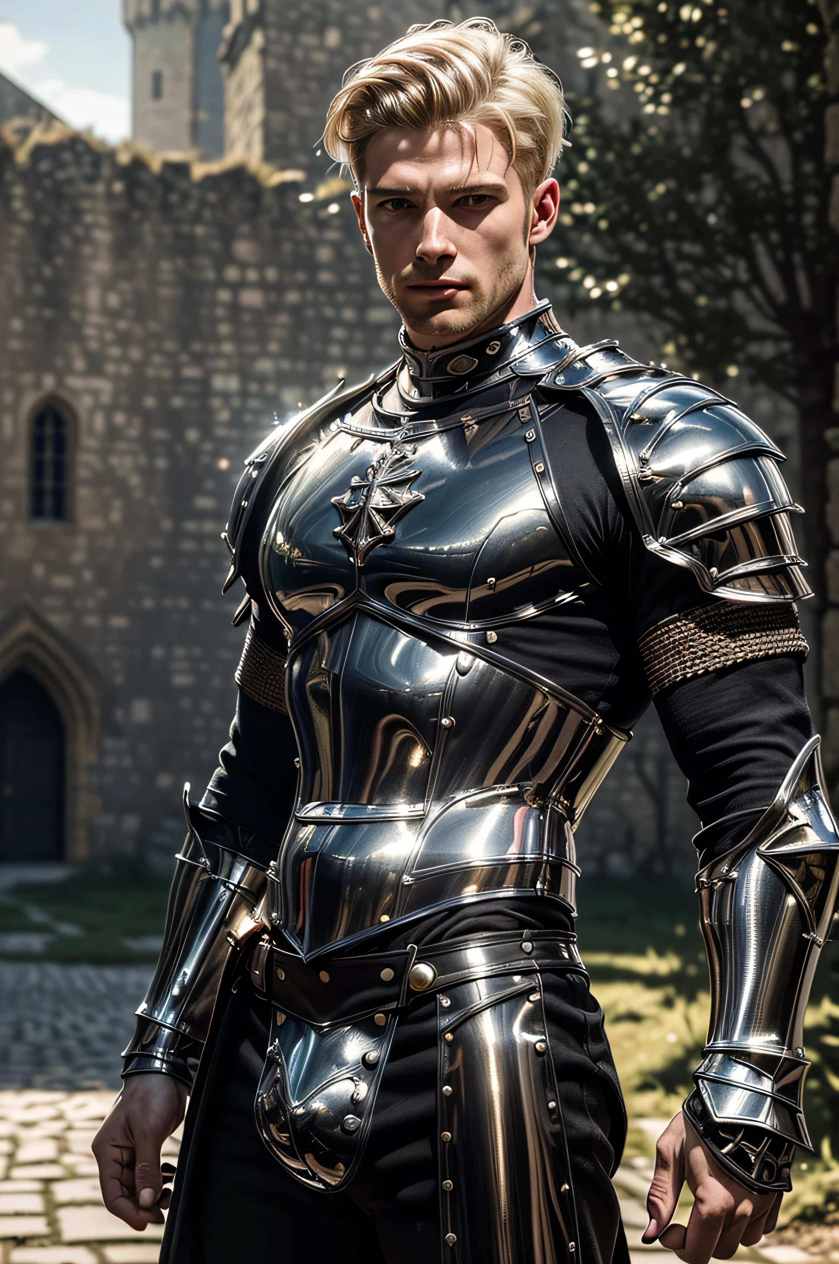 (masterpiece, photorealistic:1.4, extremely intricate:1.3), (photon mapping, radiosity, physically based rendering, ultra resolution, hyper-realistic, photorealistic:1.4, hyper-realistic, 8K), muscular man, ((black chrome late renaissance armor:1.4, chrome rivets (torso photograph, showing off his bulge)), metal reflections, outdoors, medieval battlefield, intense sunlight, far away castle, moat, (shaved blonde hair, dynamic pose), sharp focus, dramatic, award winning, cinematic lighting, (film grain, bokeh, interaction)