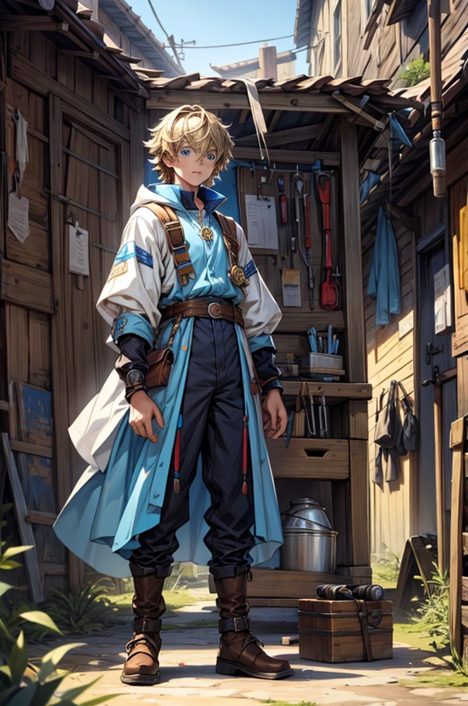 Supreme inventor with youthful and energetic appearance, with bright blue eyes and shaggy blond hair. Dress up in practical clothes filled with tools and gadgets in a fantasy world