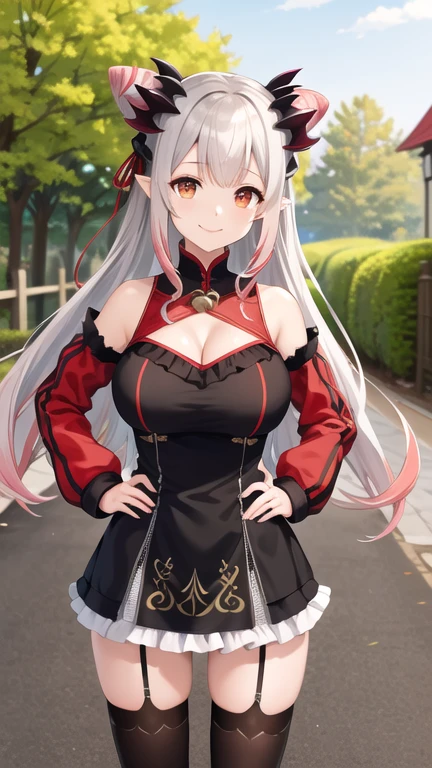 masterpiece, best quality, highres, aapatra, long hair, multicolored hair, horns, cone hair bun, hair ribbon, pointy ears, large breasts, bell, bare shoulders, cleavage cutout, frills, black dress, detached sleeves, red sleeves, long sleeves, white thighhighs, standing, outdoors, hand on hip, smile, cowboy shot,