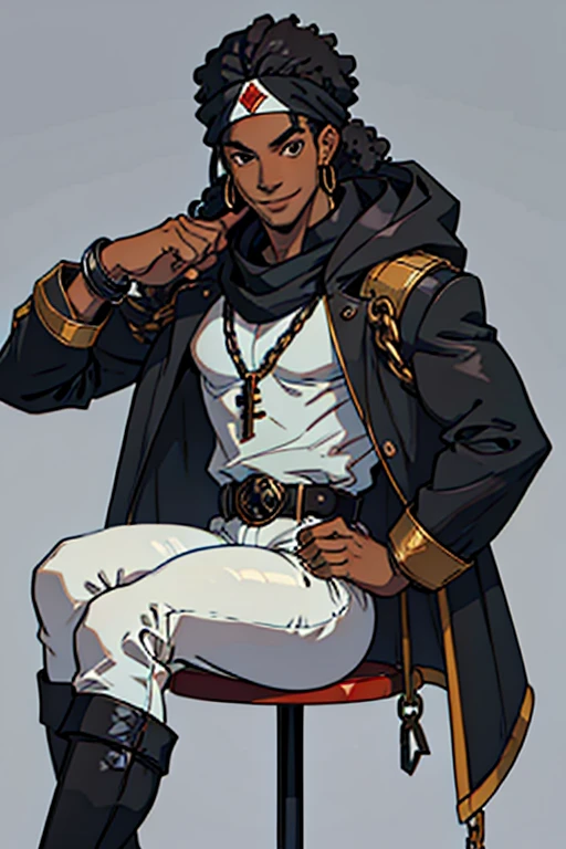 afro young man full body image, with 1,90 m tall and the power to control chains an athletic body. He has black curly hair with a turban band around his hair and two strands of white curls on his face and shiny black eyes.. Your skin is black and your smile is captivating, always displaying confidence and charisma. by a characteristic black regatta shirt with a spiral symbol and a black coat on top with white details and hood and black jeans cropped at the knee, with chains, stylish black military boots full of belts and chains, and chairs and keys