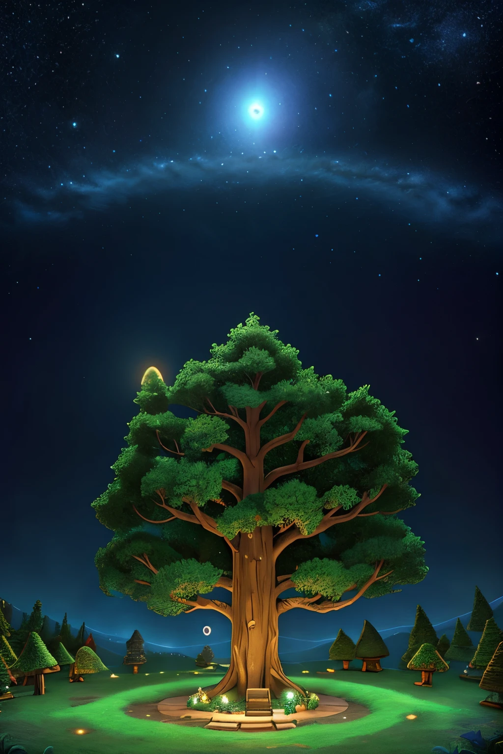 A terraria game tree in the center of the image and a universe behind