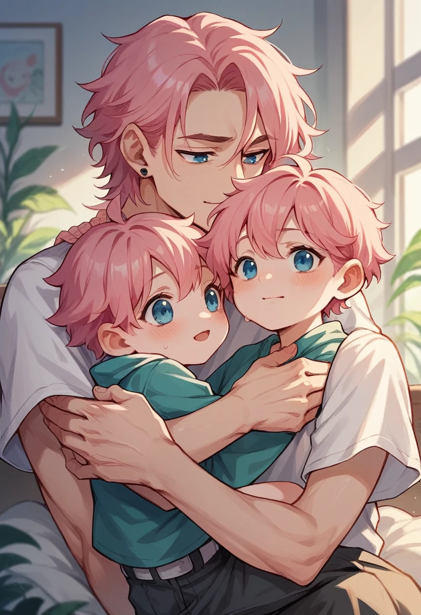 create a picture of a pink haired girl with blue eyes hugging her white haired husband while hugging her older daughter and younger daughter and 2 month old baby boy,as a young family of 5