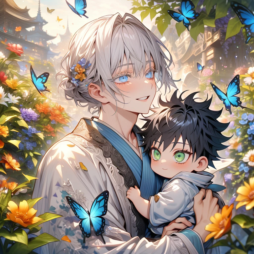 Ultra detailed, HDR, Highres, absurdres, master piece, Gojou Satoru as a chibi, white hair with bangs, expressive blue eyes, white eyelashes, Fushiguro Megumi as a chibi, black hair, expressive green eyes, white haori, light blue kimono, Jujutsu Kaisen, flowers, butterflies, fantasy, magical, green leaves, summer, two boys together, gay couple, yaoi, cute, smiling, male,