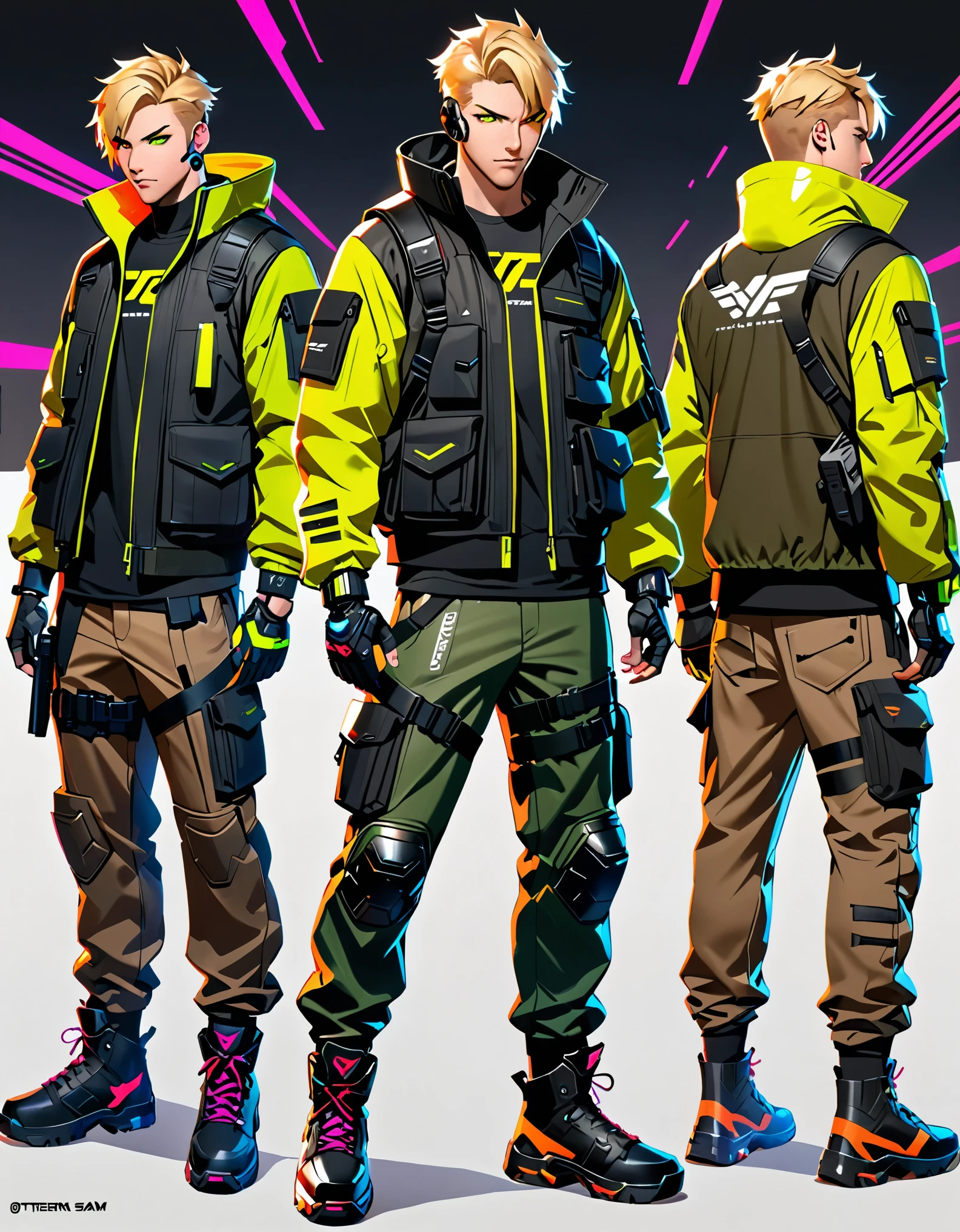 (masterpiece), (best quality), (high res), 1male, male focus, blond-haired man in military uniform, cyberpunk street goon, hyper-realistic cyberpunk style, jetstream sam from metal gear, techwear look and clothes, cyberpunk streetwear, cyberpunk soldier, young blonde boy fantasy thief, soldier outfit, wearing techwear and armor, wearing japanese techwear, soldier 7 6 from overwatch, wearing cyberpunk streetwear, green eyes. Solo, Solo focus, Simple background, Multiple Views, Character Sheet Full-Length.