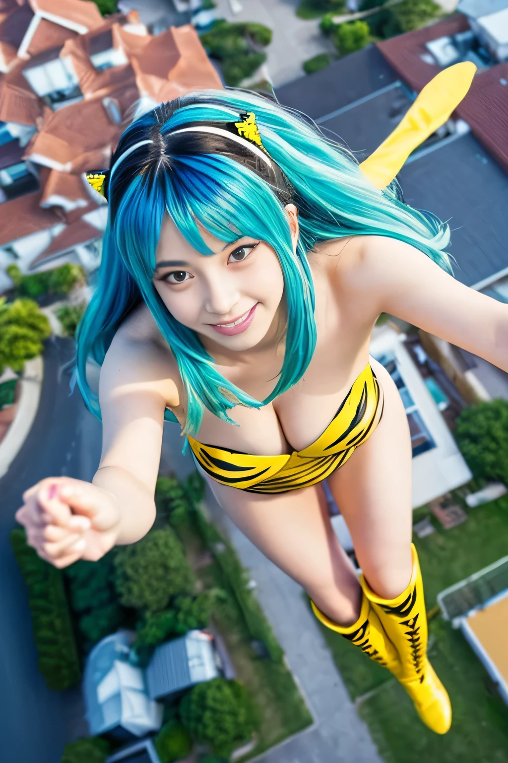 (Best Quality, masterpiece:1.2), (Realistic, photo-Realistic:1.4), RAW Photos, High resolution, Intricate details, Very detailed, Cinema Lighting, Alone, One girl, woman, (Flying in the air:1.8), uruseiyatsuraRam, Ram, (Long Hair, Blue Hair, Aqua Hair, bangs:1.2), (blue eyes), Eyeshadow, Pointy Ears, Oni Horns, (Small breasts:1.2),
Clevis, Swimwear, Strapless Bikini, (Tiger pattern, Yellow Bikini, Yellow Boots, Long boots:1.3),  (Beautiful attention to detail, Very detailed face), (Perfect hands, Perfect Anatomy),,, Photo Background, Outdoor, Daytime, sunny, (Residential area seen from above:1.4), 