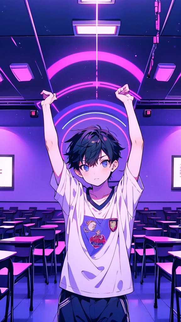 A boy wearing a school shirt raises his arms and tilts his shoulders acting like a cat in a classroom facing the audience