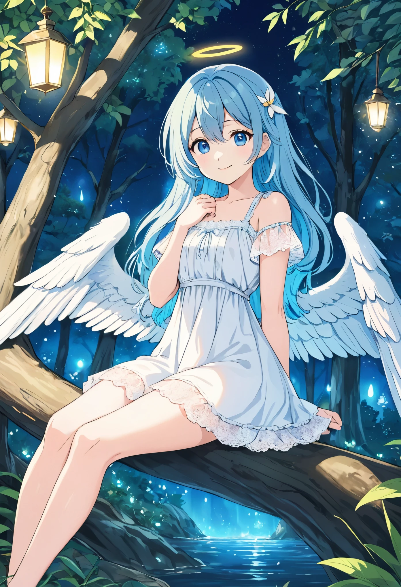 Colored pencil、Light Hue、(masterpiece:1.2),(anime),An angel resting its wings on a tree、Beautiful views、cute、Wings closed、Sitting on a tree、Light effects、in the forest、White lace dress,blue eyes,Light blue hair、Adorable smile