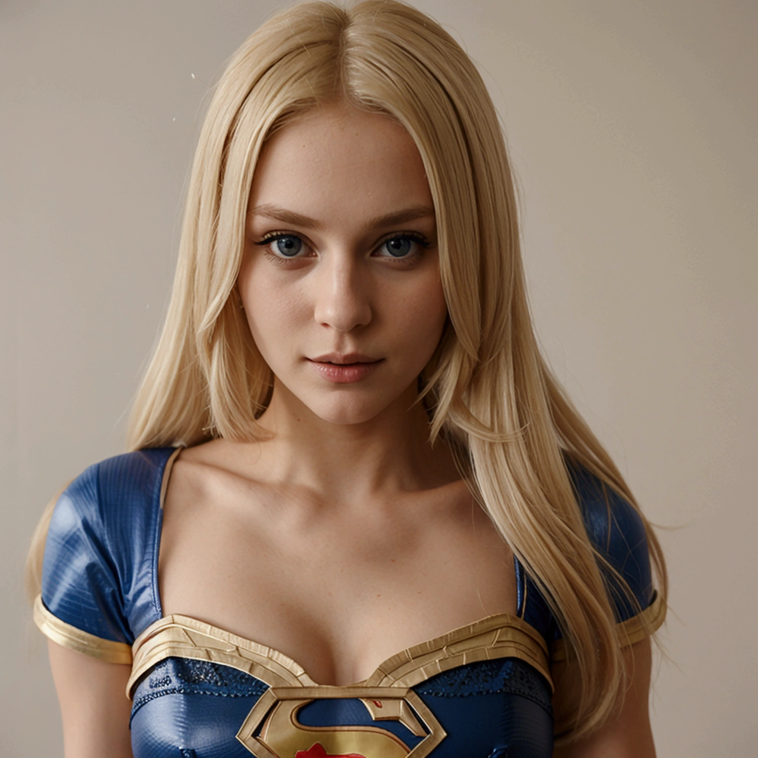 european blonde, cosplay supergirl sexy, blurry and neutral background