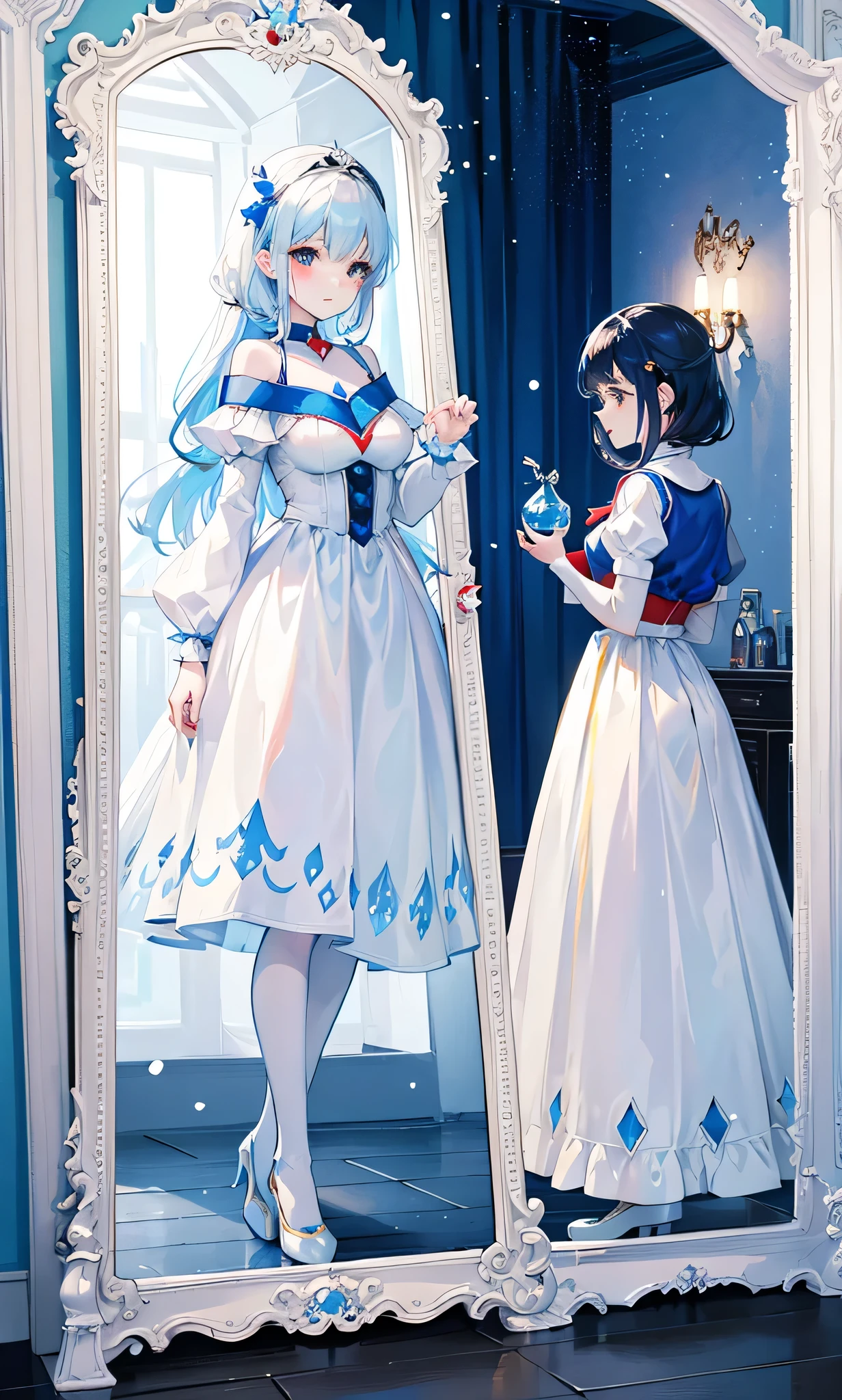 Cosplay Snow White,The seven dwarfs merged into Snow White,Magic mirror decoration magic mirror decoration light blue glass mirror magic mirror feeling,A little bit of flirtation,Blue, white, yellow and red color scheme