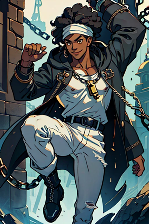 afro young man full body image, with 1,90 m tall and with the power to control chains, locks and keys, an athletic body. He has black curly hair with a turban band around his hair and two strands of white curls on his face and shiny black eyes.. Your skin is black and your smile is captivating, always displaying confidence and charisma. by a characteristic black regatta shirt with a spiral symbol and a black coat on top with white details and hood and black jeans cropped at the knee, with chains, stylish black military boots full of belts and chains,