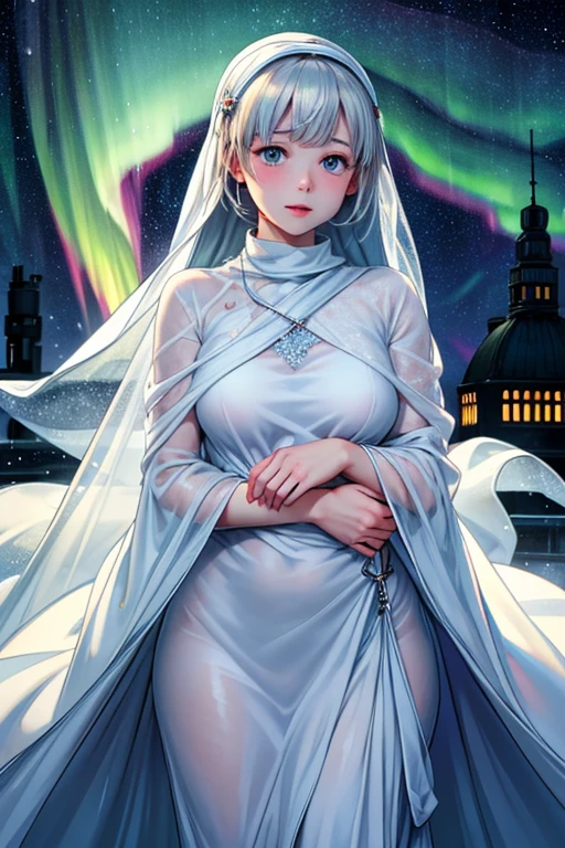 (covered by a white sheet over the entire body, glued to the skin, woman in front, in peitdu) (in a city at night raining, starry sky, with a northern lights)