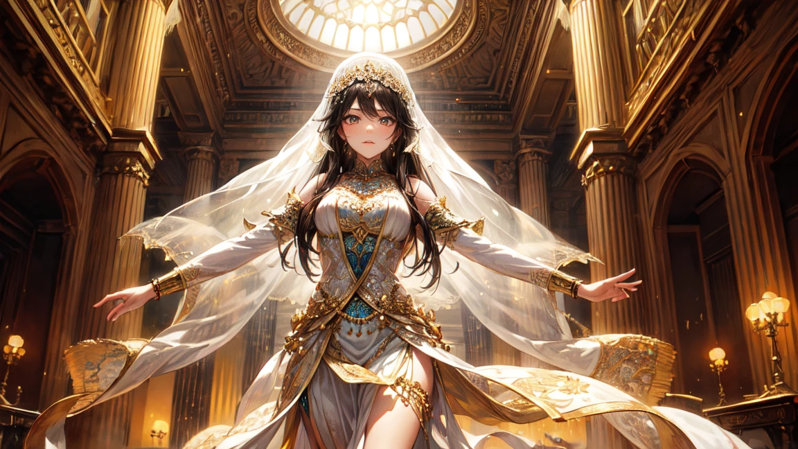 A beautiful woman in an elaborate, gold and emerald outfit similar to traditional Arabian or Persian attire, dancing in front of a majestic palace. The palace features intricate architecture with domes and arches, reflecting the splendor of ancient Arabian or Persian design. The woman has long, flowing dark hair adorned with gold jewelry and a confident expression. Her face is partially covered by a delicate face veil, revealing only her expressive eyes. Her attire includes intricate patterns and details, capturing the essence of Arabian or Persian culture. The overall atmosphere should be both regal and captivating, with the woman's graceful dance movements adding to the scene's elegance and charm.
