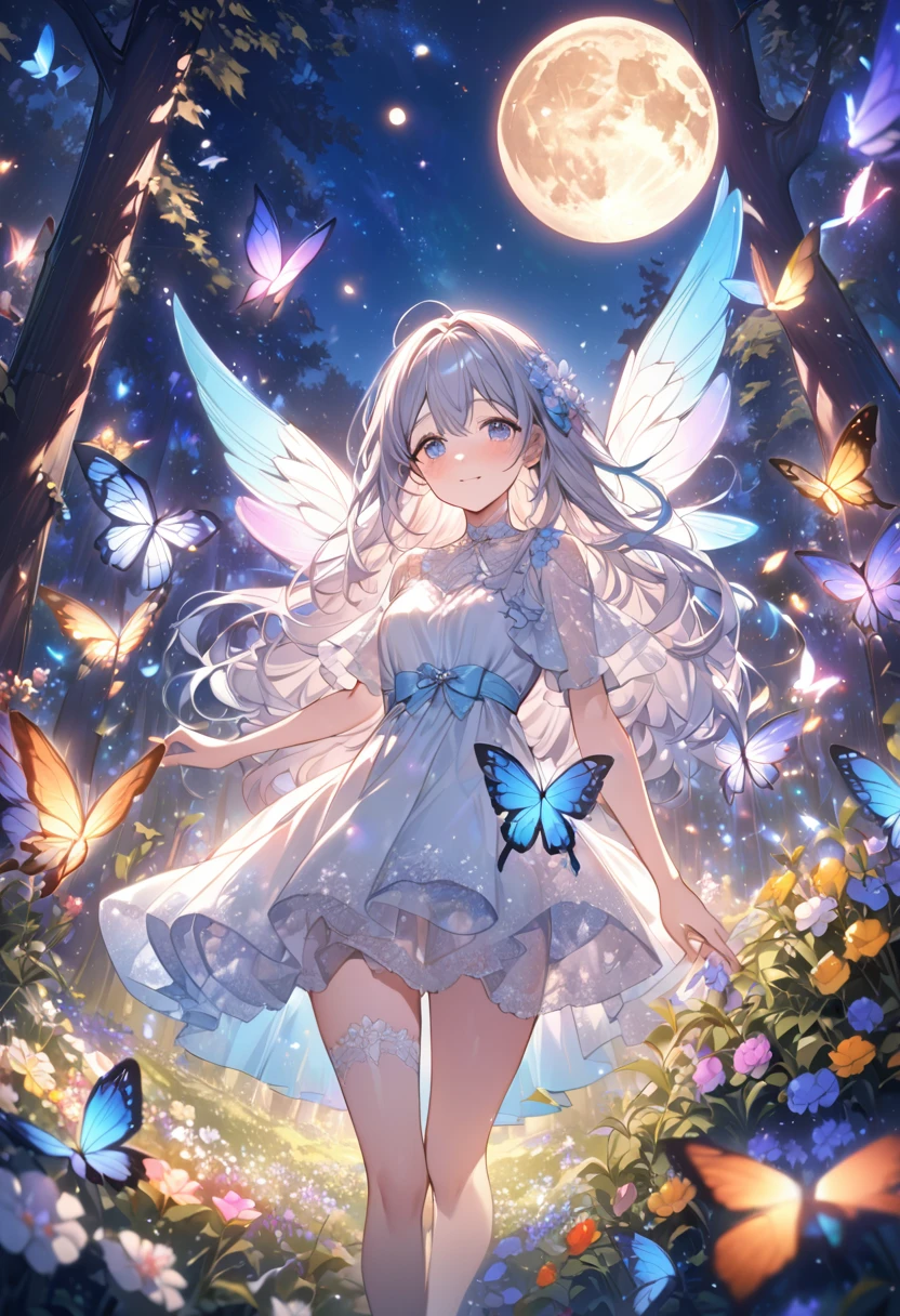 Attention to detail, Super Detail, Ultra-high resolution, Angels having fun in a dream galaxy, Full moon behind the girl, The color of the moon is light blue,The moonlight shining down on her, The background is a forest with the Milky Way visible, Colorful butterflies flutter around her,Flower field in the forest,Delicate face, Add a fantastical atmosphere ,