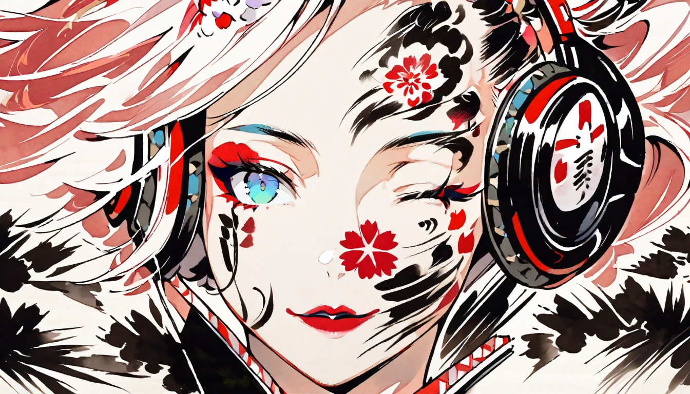 (((Ink Painting))), (((Japanese style headphones))), (((Japanese pattern tattoo on face))), (((Very flashy makeup))), face close up, Gorgeous hair accessories, Japan人の美少女, Fluttering Hair, Japan, Japanese flag, pink