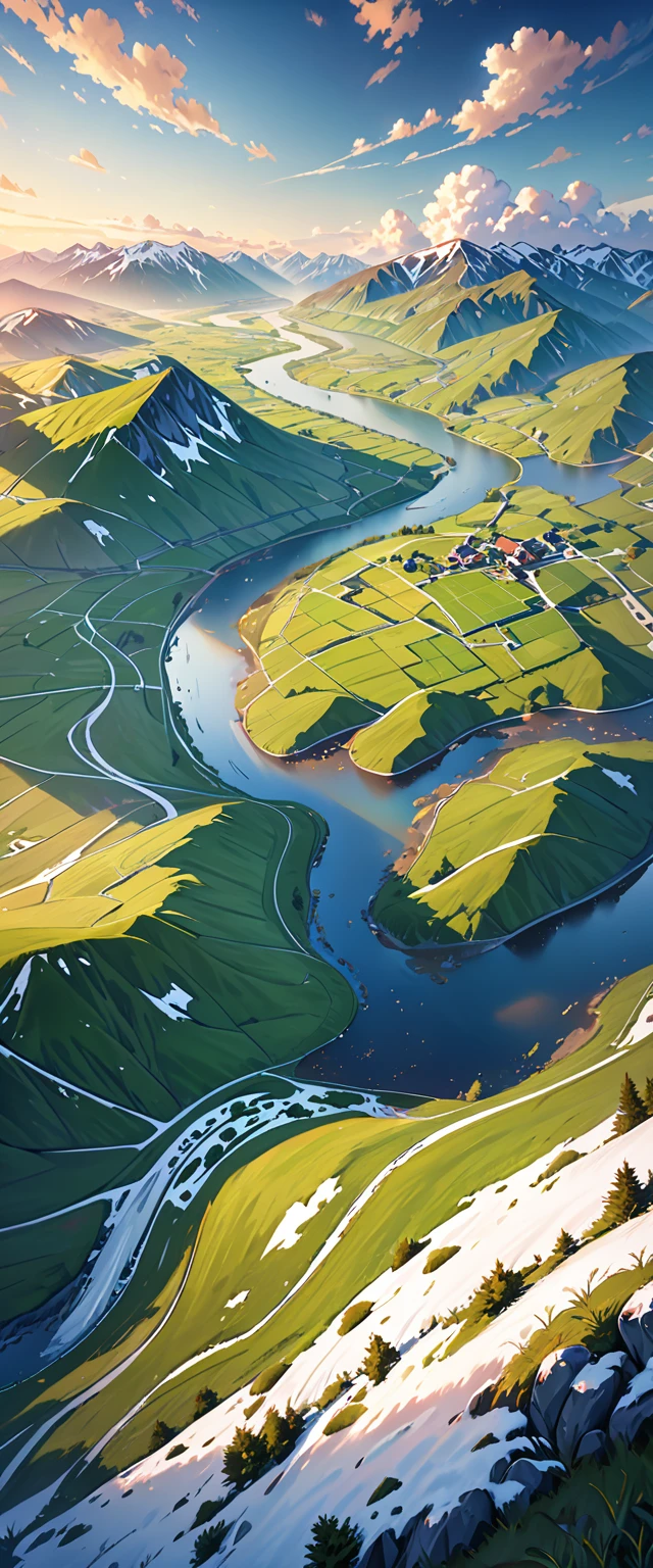 Bird's-eye view flying 200 meters above the ground, looking down at (right angles:1.2) onto the fields below, beautiful landscape, aerial photography, rolling hills, lush meadows, countryside, meandering river, snow-capped mountains, dramatic clouds, golden hour lighting, cinematic composition, stunning vistas, breathtaking scenery, serene atmosphere, peaceful countryside, (highest quality, 4k, 8k, high resolution, masterpiece: 1.2), ultra-detailed, (realistic, photorealistic, photorealistic: 1.37), landscape photography, vibrant colors, natural light