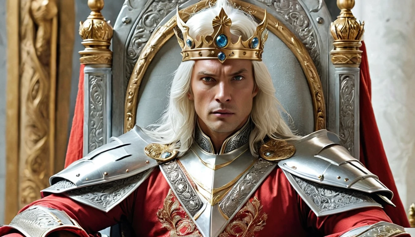 Handsome with a crown, single, 1 male, long hair, white hair, black eyes, white fur warrior king outfit. Shining silver armor A red robe with white fur sat on the throne. An enormous power swirled like ice mixed with wind. There was a king's crown and a gleaming sword by his side.
