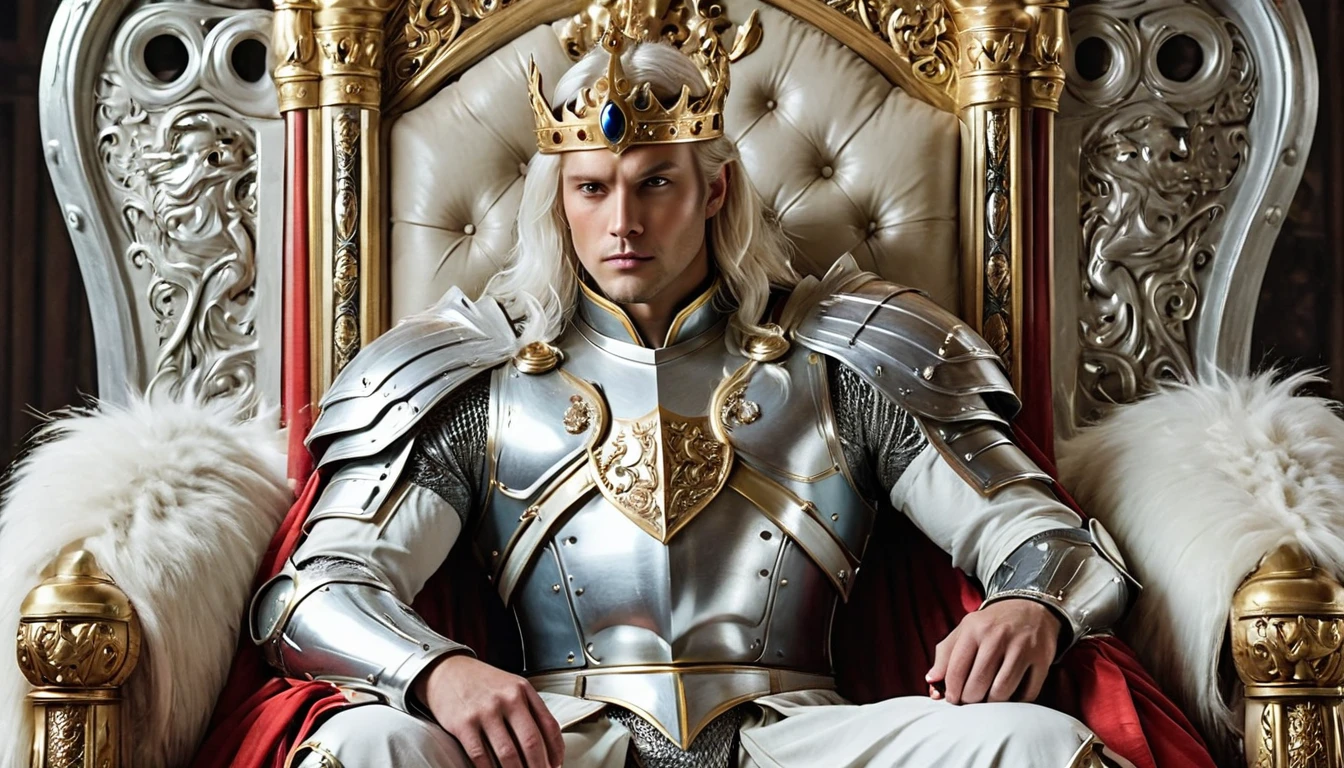 Handsome with a crown, single, 1 male, long hair, white hair, black eyes, white fur warrior king outfit. Shining silver armor A red robe with white fur sat on the throne. An enormous power swirled like ice mixed with wind. There was a king's crown and a gleaming sword by his side.
