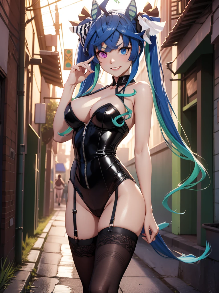 (masterpiece、top-quality、hight resolution、Unity 8k、extremely details CG:1,Best Picture), A prostitute mockingly laughs at a person who has failed. Her demeanor is haughty and contemptuous, with a smirk on her face. The setting is a dimly lit alley, and the prostitute's attire is revealing and provocative. Twin_Turbo_Umamusume, aqua hair, twintails, heterochromia, purple eyes, blue eyes