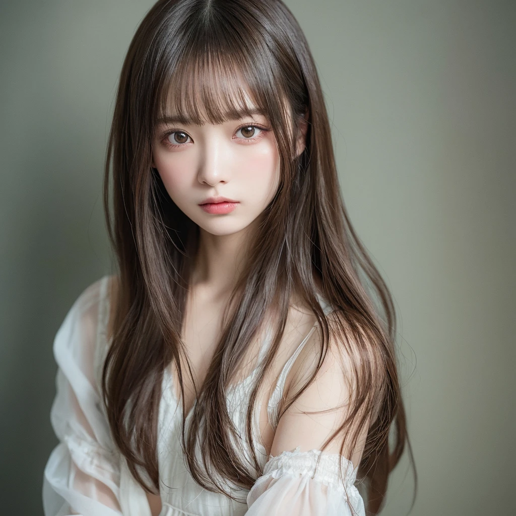 masterpiece, highest quality, 8k, 20th Generation, Large Breasts, cute, alone, sad, cute, Girlish, Delicate girl, Pure beauty,  RAW Photos, Professional photography, Portraiture, Soft Light, Professional Lighting, Backlight, Upper Body, avert your eyes, Sophisticated, Film Grain, (Eyes and facial details:1.0), Short floating hair, Beautiful, flowing hair, bangs, T-shirts and cardigans、(Large Breasts:1.0)、You can see a little cleavage、Dolly Makeup、Odd Eye、The colour of the left and right eyes are different
