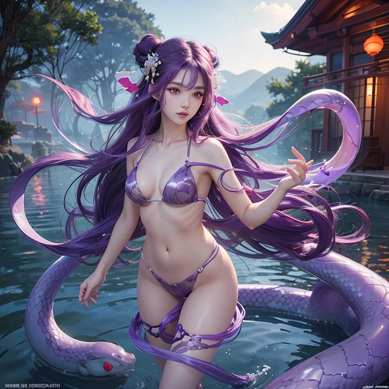 ((picture-perfect)), ((face perfect)), ((ultra detaild)), ((fully body)), ((perfectbody))girl with long purple snake-shaped hair, girl walking in water, jellyfish shrine maiden, red eyes purple hair