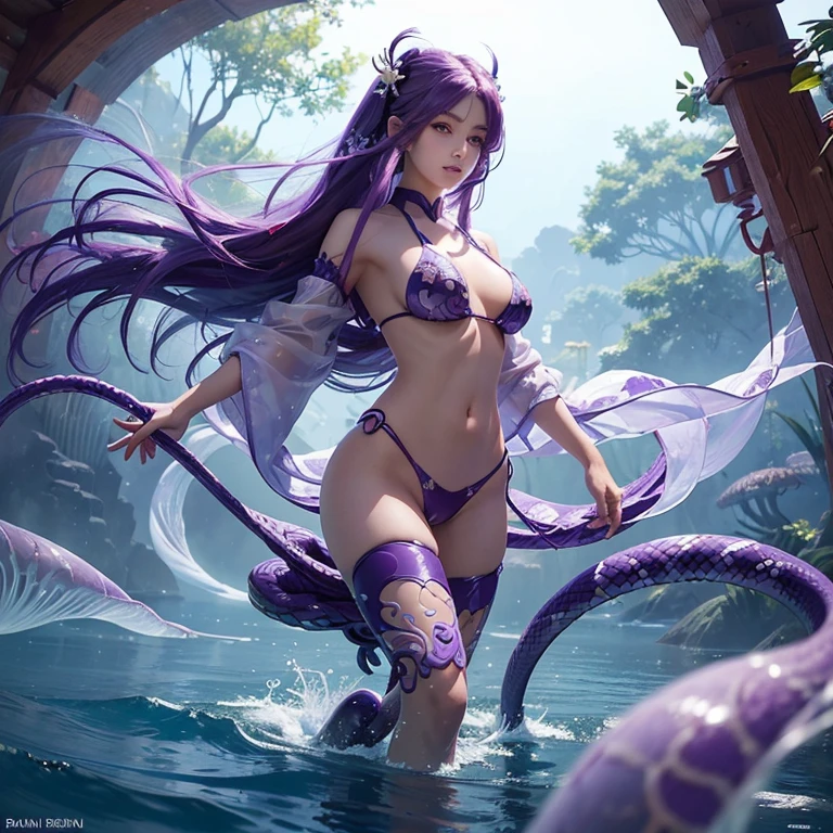 ((picture-perfect)), ((face perfect)), ((ultra detaild)), ((fully body)), ((perfectbody))girl with long purple snake-shaped hair, girl walking in water, jellyfish shrine maiden, red eyes purple hair