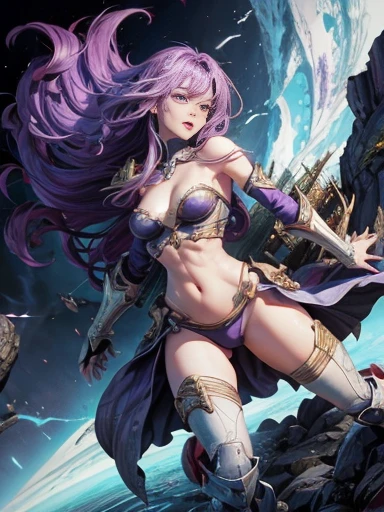 Highest quality、rape、Captured by mutants、Surrounded by mutants、defeat、Beautiful woman with very long purple hair、White Armor（Medium breast、Off the shoulder、No sleeve、No elbow pads、Belly button、High Leg、Exposed thighs）、White Armorのブーツ、Tears overflow、Frightened expression、Fleeing 1:5、Attacked by mutants 1:5、Many violent mutants 1:5、The mutant grabs the woman&#39;s arm.　Mutant attacks from behind、Mutant grabs leg、Mutant Swarm 1:5、darkness、another world、Dark fantasy、Pitch black hell