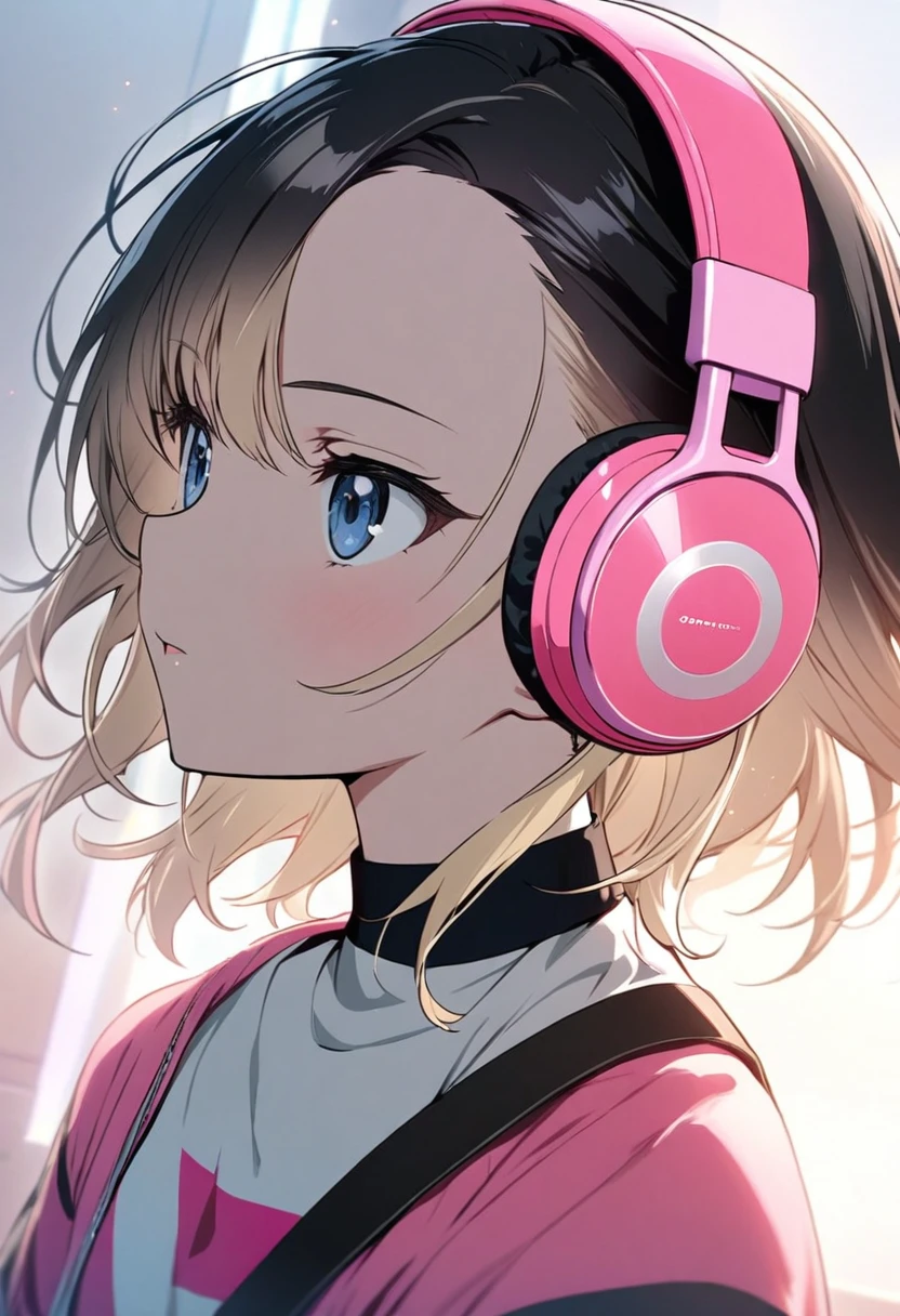 Anime, female, half black hair anf half blonde hair, pink headphones, pretty,