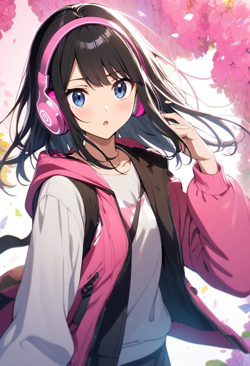 Anime, female, half black hair anf half blonde hair, pink headphones, pretty,