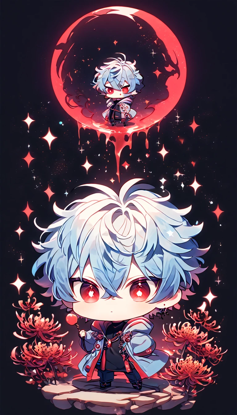 absurdres, highres, ultra detailed, HDR, master piece, best quality, extremely detailed, Kuro chibi, light-blue hair, messy hair, expressive red eyes, Servamp, solo, cute, light blue hooded coat, black shirt, fantasy, red blood water, sparkling, red glittering fireflies, red moon, red blossoms, red spider lilies, red sparkling lights, starry sky, magical