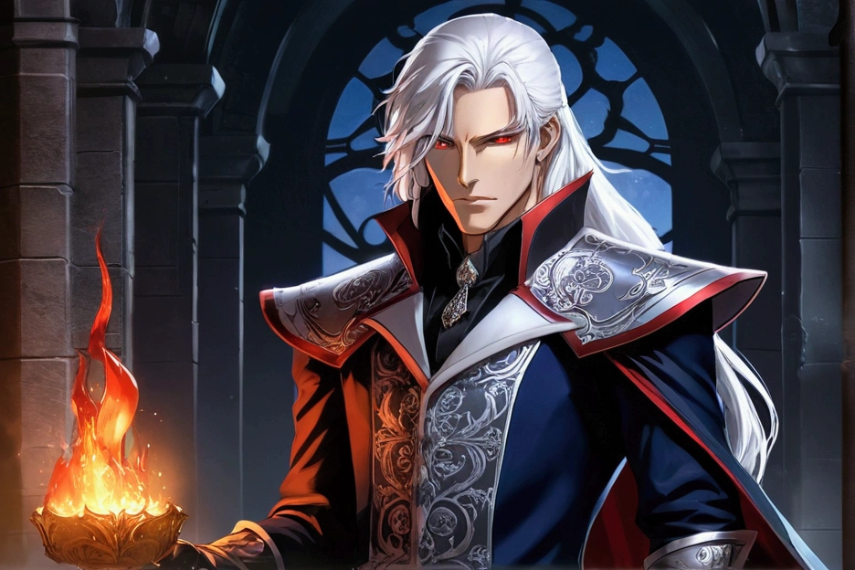 Male anime character with long white hair and red eyes, character album cover, full art, Fantasy characters, full art illustration, full portrait of elementalist, Figure art, Official character art, Official character illustrations, merlin, Highly detailed official artwork, Game keys, ounce, mobile game art, Mean face, Spiked Dark Armor, Walking posture, blue flame, dark castle in the background, Bent,with hair dishevelled,The undead,Vampires,Noble dress,Black shawl,pointy ears