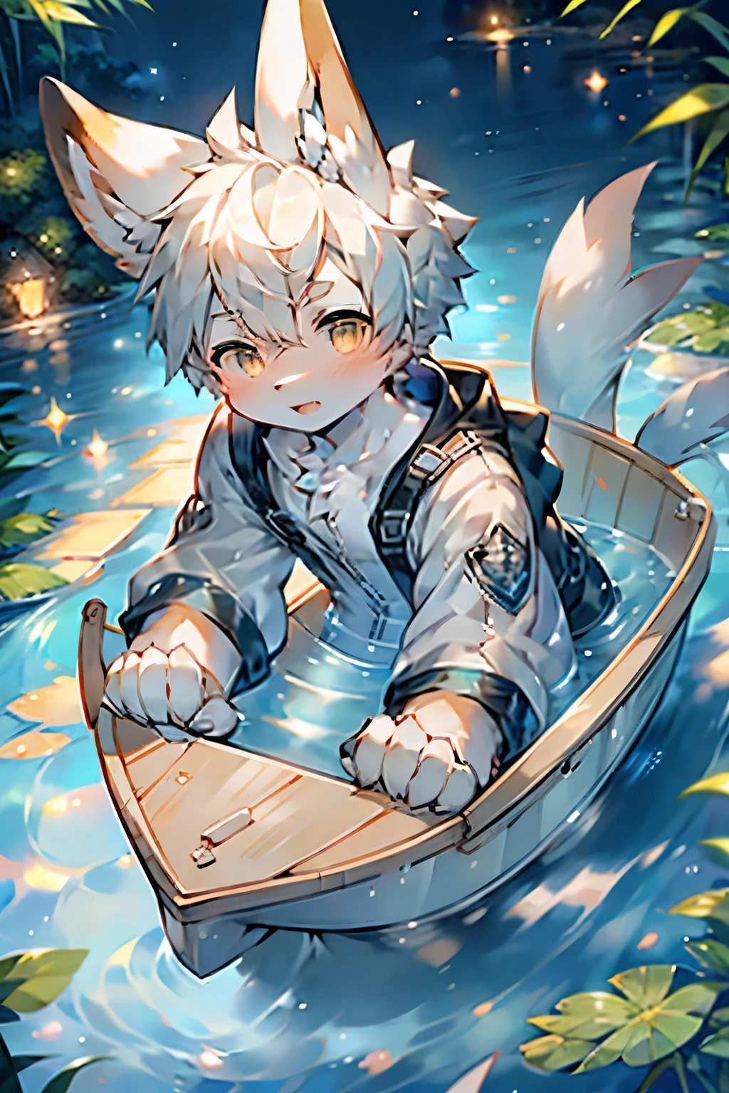 bunny boy,Bunny ears,Rabbit characteristics,Baby characteristics,Gray skin,White hair,Brave Suit,lake background,boating