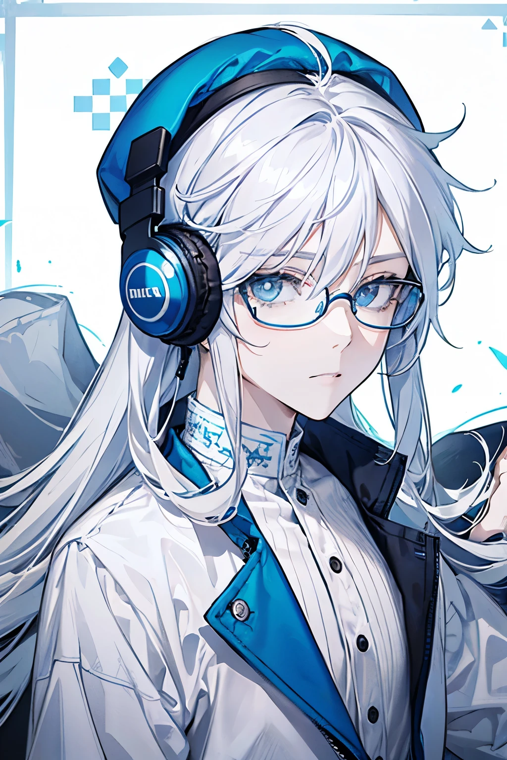1male, pastel blue eyes, white long hair, casual y2k clothing, gray beanie and headphones, high quality, square glasses