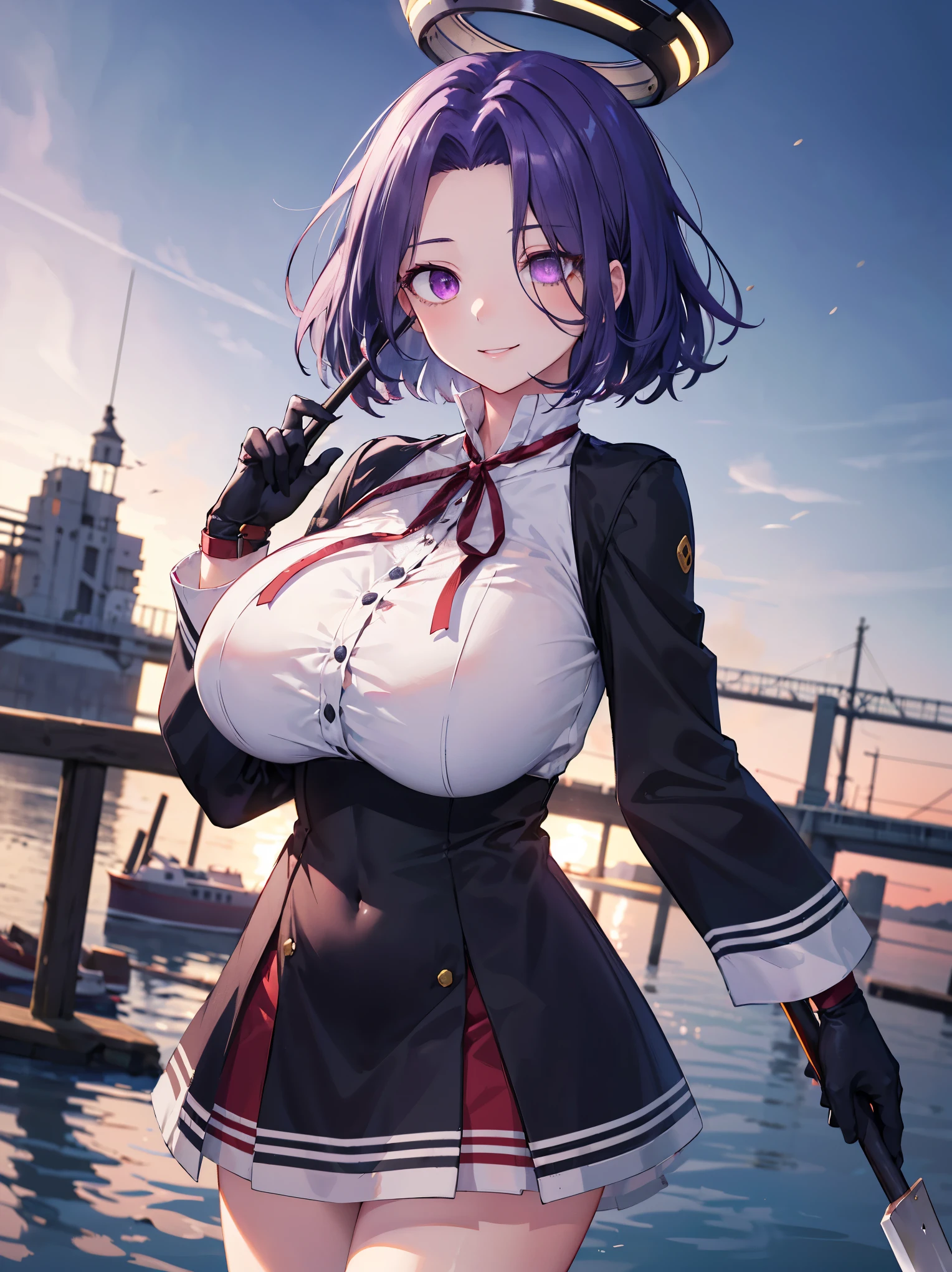 masterpiece, best quality, highres, mechanical halo, (gigantic_breasts:1.2), black dress, neck ribbon, long sleeves, black gloves, outdoors, cowboy shot, standing, holding weapon, polearm,smile,,harbor_town_landscape,purple_halfeyes,(scornful eye:1.4)